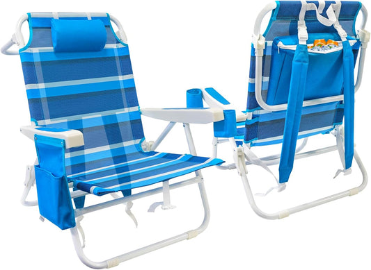 Beach Chair 2 Pack 5 Positions Textilene Folding Reclining Beach Chair with Backpack Straps Cooler Bag & Cup Holder for Outdoor Lawn Camping