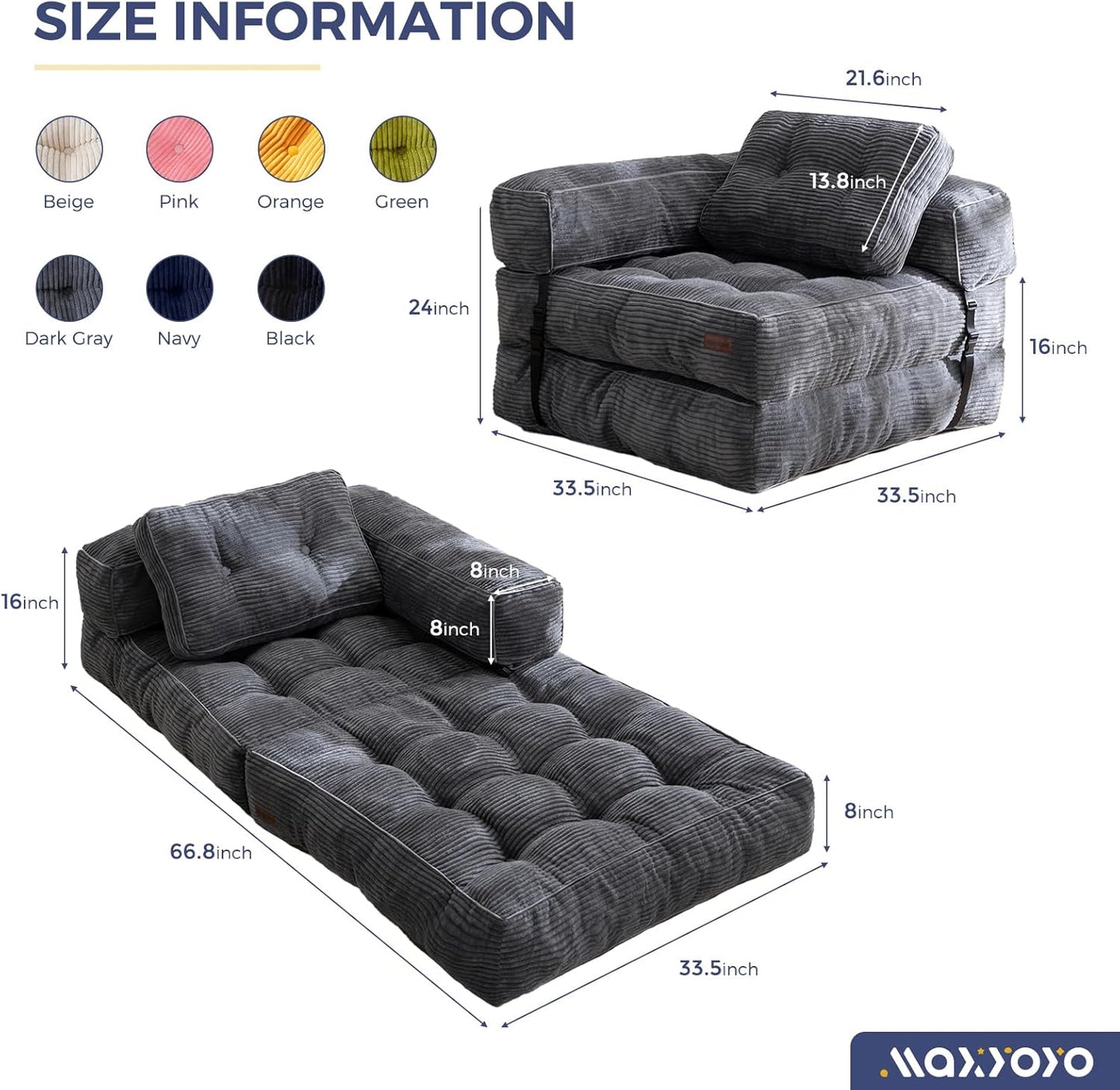 Folding Sofa Bed, L-Shaped Convertible Sofa Bed with Armrests and Pillows,