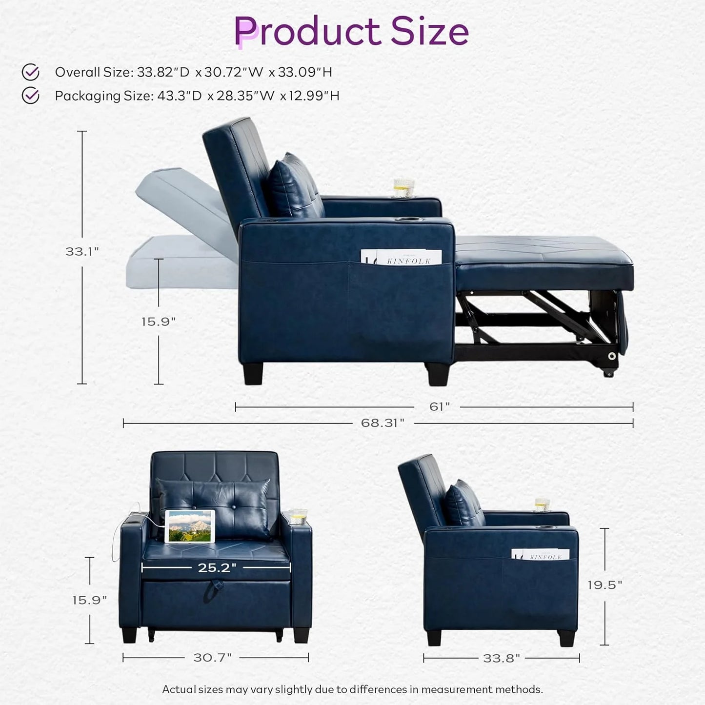 Adult Convertible Sleeper Chair Bed, 3-in-1 Pull-Out Sofa Bed with USB/Type-C Ports, Cup Holders, Side Pockets, Single Sofa
