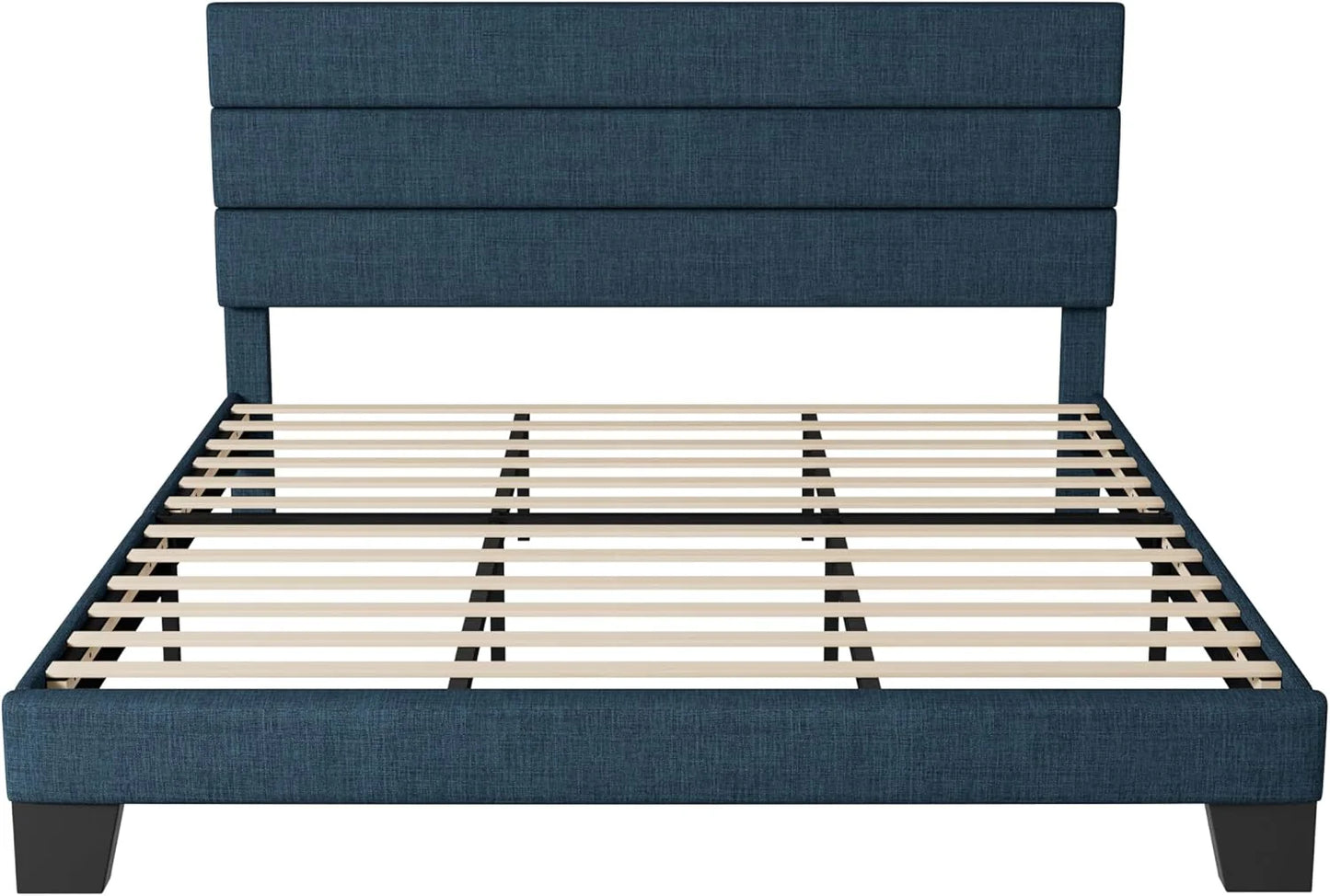 Allewie King size platform bed frame with velvet upholstered headboard and planks