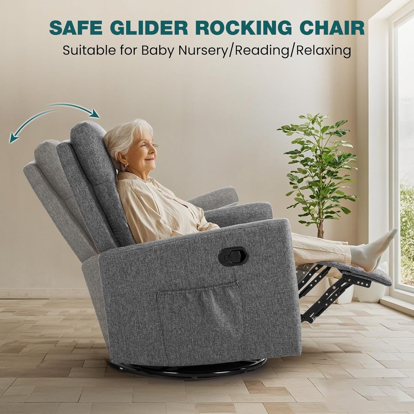 Swivel high-back rocking chair with footrest, padded glider baby chair with comfortable deep seat