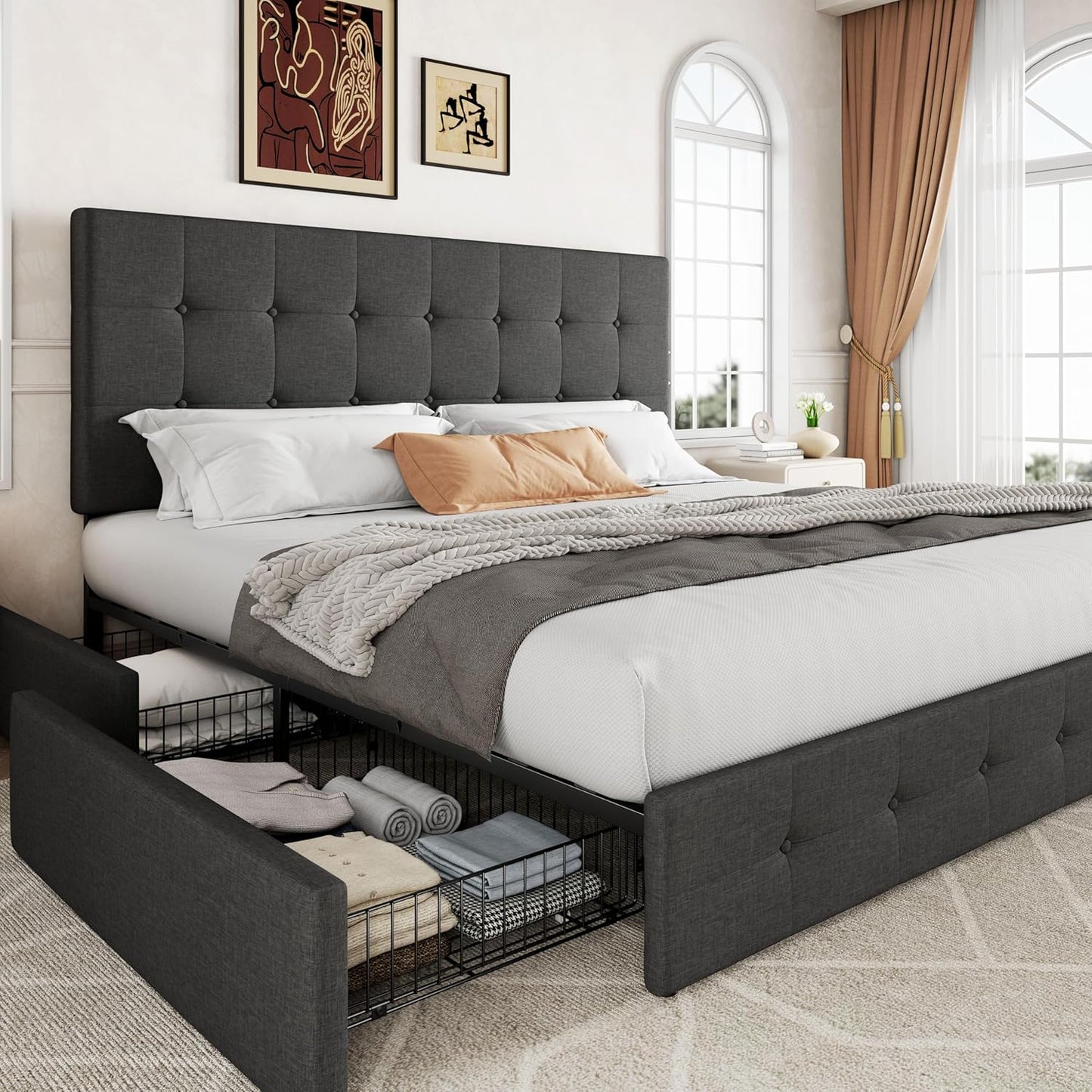 Allewie Upholstered Queen Size Platform Bed Frame with 4 Storage Drawers and Headboard, Square Stitched Button Tufted, Mattress Foundation with Wooden Slats Support, No Box Spring Needed
