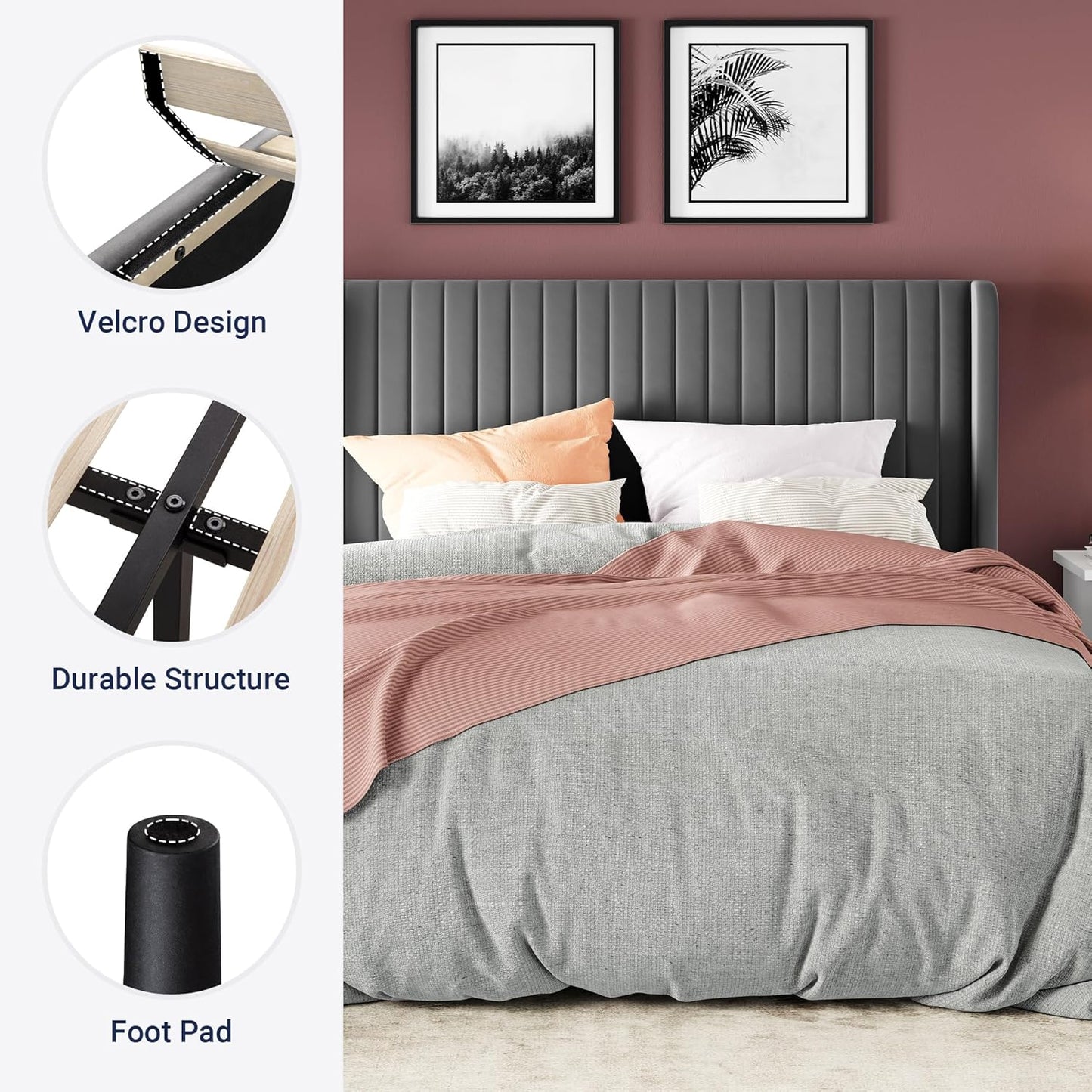 Allewie Full Size Velvet Bed Frame/Vertical Channel Tufted Wingback Headboard/Upholstered Platform Bed/Strong Wooden Slats/No Box Spring Needed/Easy Assembly/White