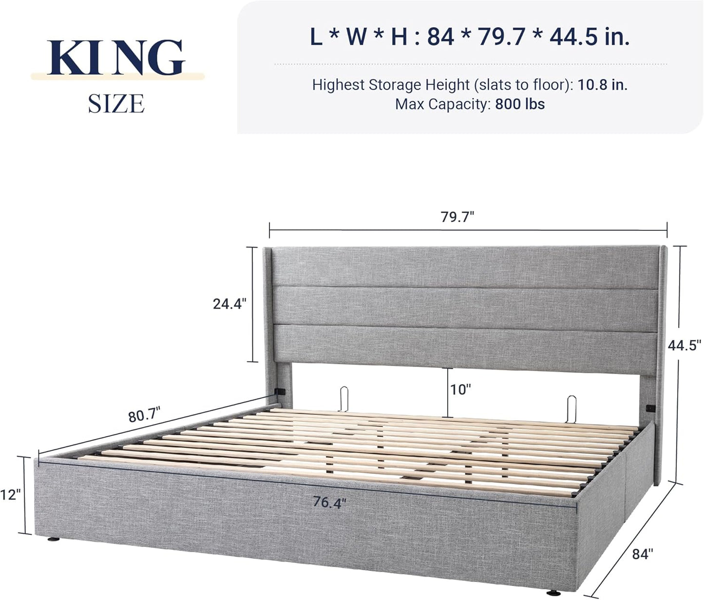 Allewie Queen Size Lift Up Storage Bed, Modern Wingback Headboard, Hydraulic Support, No Box Spring Needed, Light Beige