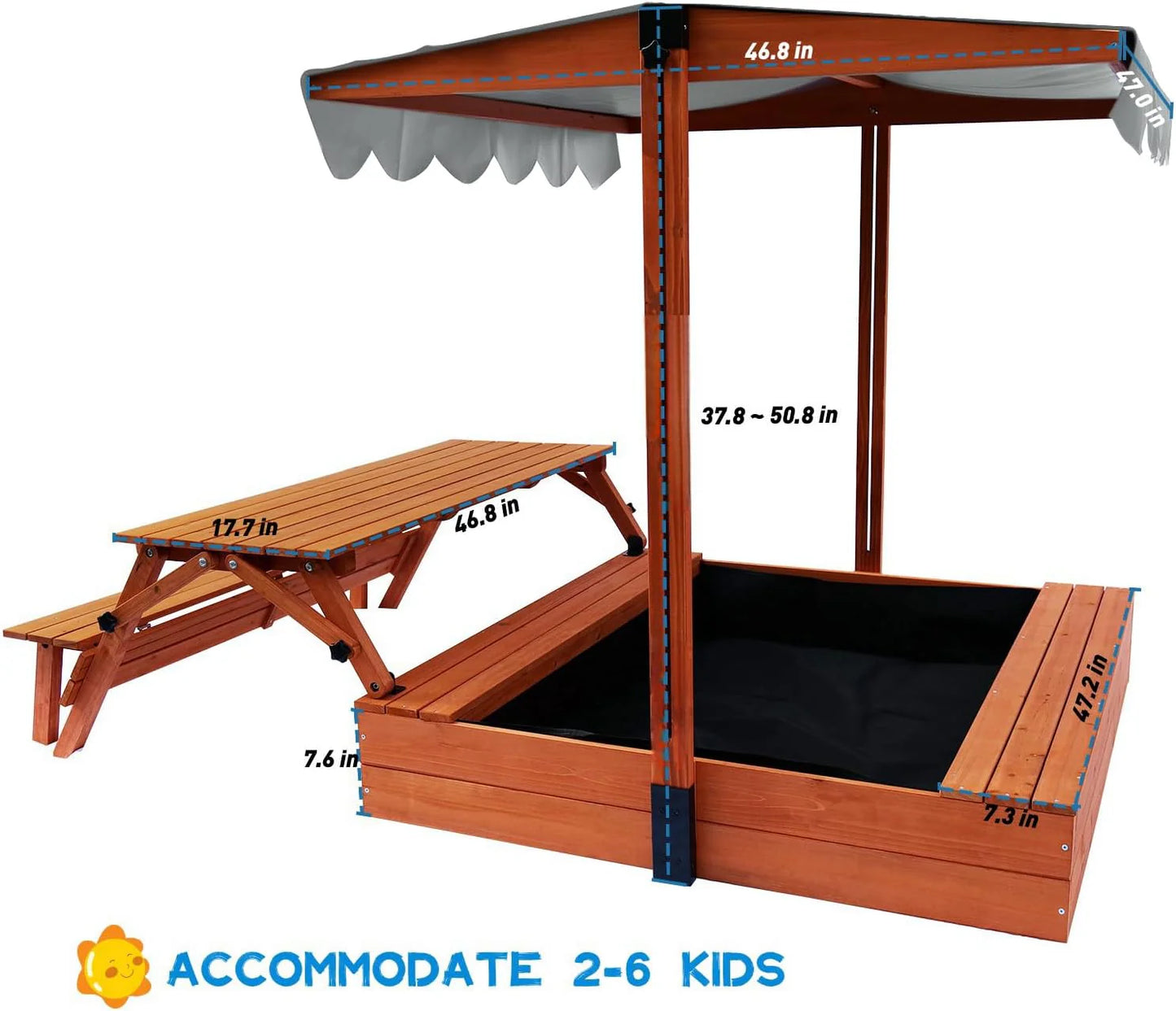 Wooden Kids Sandbox with Lid Outdoor Sand Box with Picnic Table Foldable, Sandpit with Cover Ages 4-8, Adjustable Canopy Bottom Liner for Backyard Garden