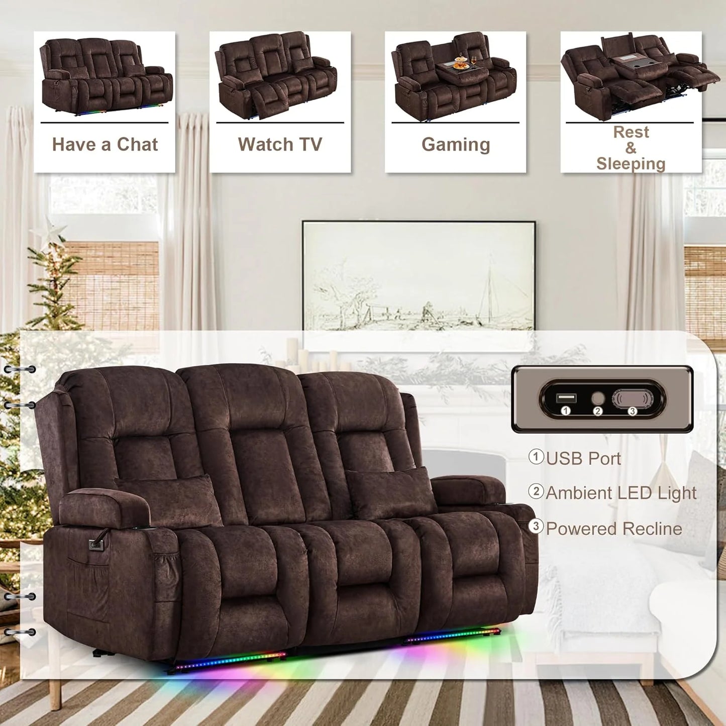 TUNYI Power Loveseat Recliner Sofa with Massage & Heat Home Theater Seating with Console Electric Recliner RV Sofa with USB/Outlet/Storage/Side Pocket/LED Light/Speaker (Brown, Loveseat)