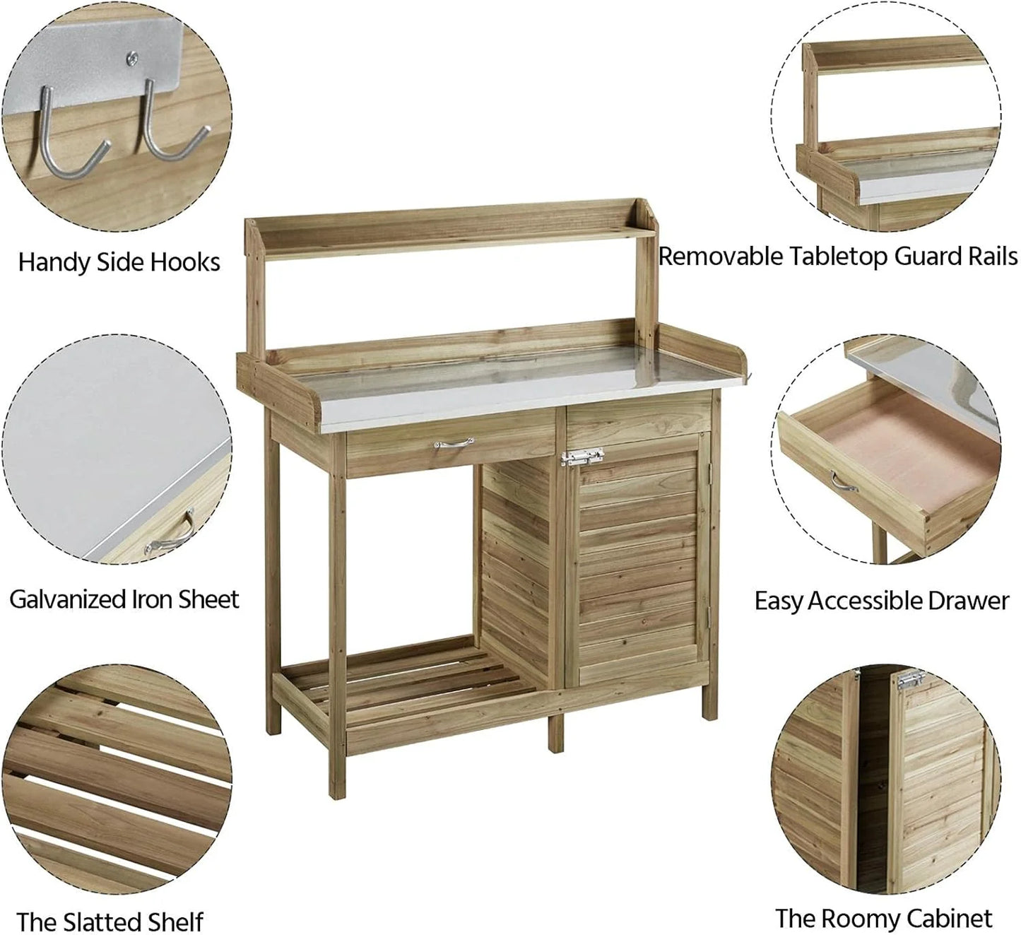 Yaheetech Outdoor Garden Potting Bench Table Work Bench Metal Tabletop W/Cabinet Drawer Open Shelf Natural Wood