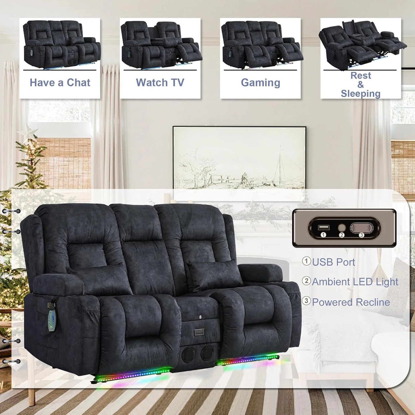 TUNYI Power Loveseat Recliner Sofa with Massage & Heat Home Theater Seating with Console Electric Recliner RV Sofa with USB/Outlet/Storage/Side Pocket/LED Light/Speaker (Brown, Loveseat)