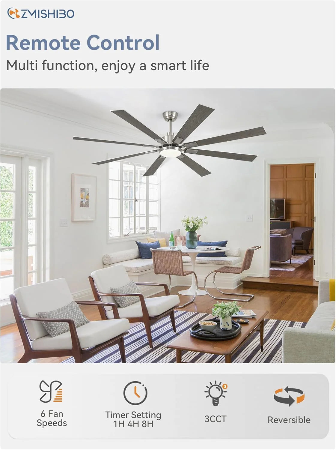 Zmishibo 72-inch large ceiling fan with lighting and remote indoor/outdoor