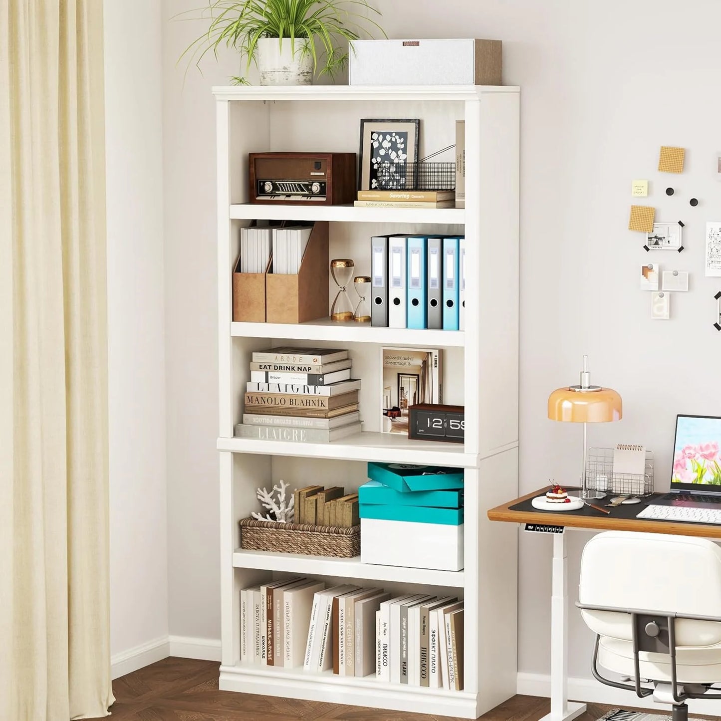 70-Inch Tall White Bookcase 5 Tiers Shelves Open Storage Bookshelf