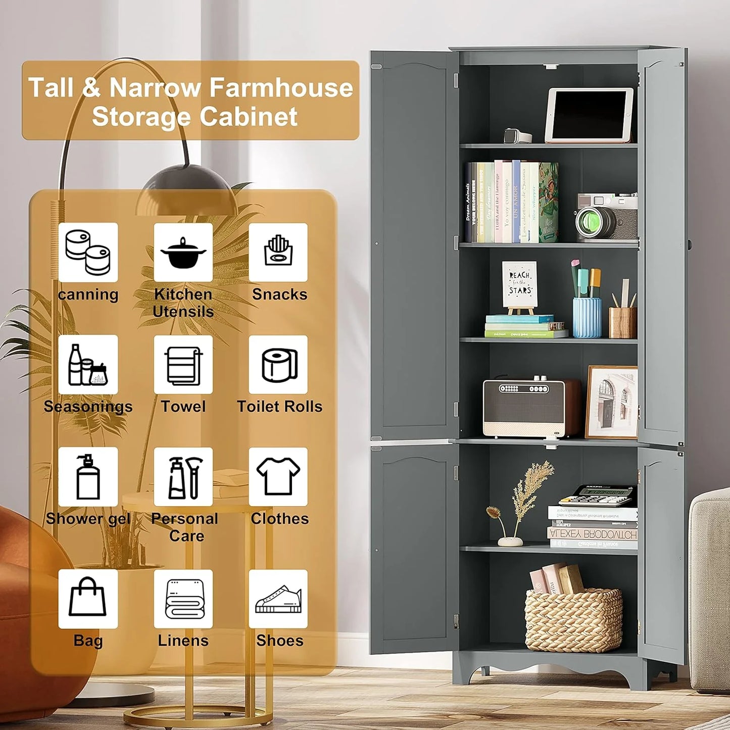 Tall Pantry Cabinet, Freestanding Storage Cabinet, Wooden Kitchen Pantry with 4 Doors and 5 Shelves, 72" Floor Cabinet Organizer
