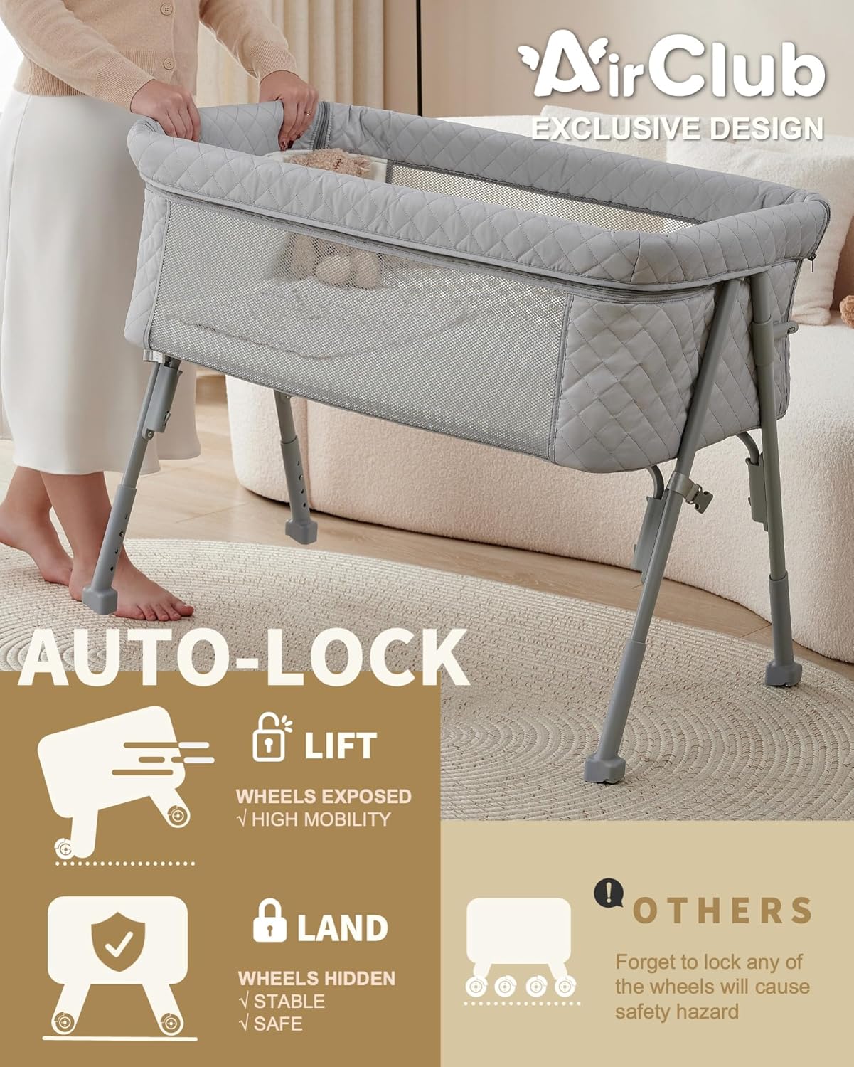 Bassinet Bedside Sleeper, Baby Crib for Newborn, Baby Bassinets Bedside Sleeper with 4 Auto-Lock & Adjustable Height, Breathable Mesh & Mattress