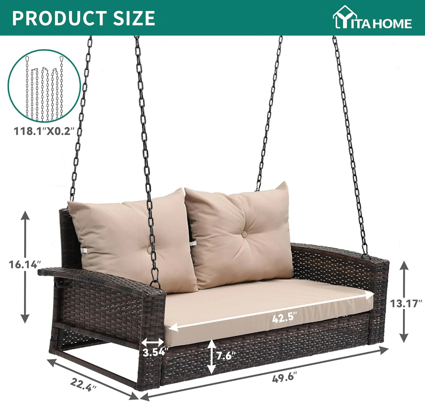 YITAHOME Hanging Porch Swing Chair Sits 3 People, Wicker Outdoor Swing Bench, Patio Lounge Chair, 1 Seating Cushion and 3 Back Cushions, w/Removable Covers, for Garden, Balcony, Backyard, Brown