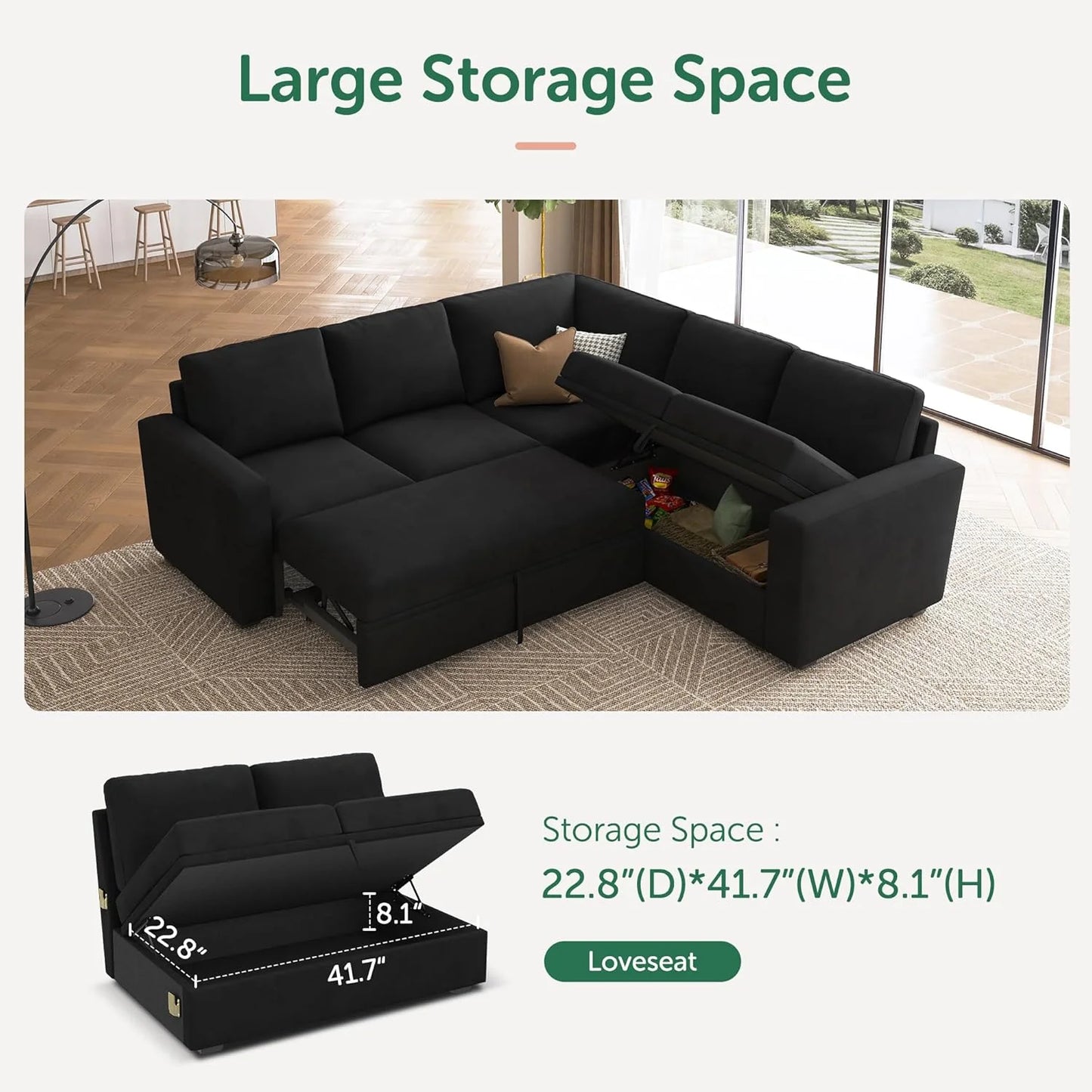 HONBAY Modular Sectional Sleeper Sofa with Pull Out Bed, L Shaped Couch with Storage Seat, Convertible Sectional Couches for Living Room