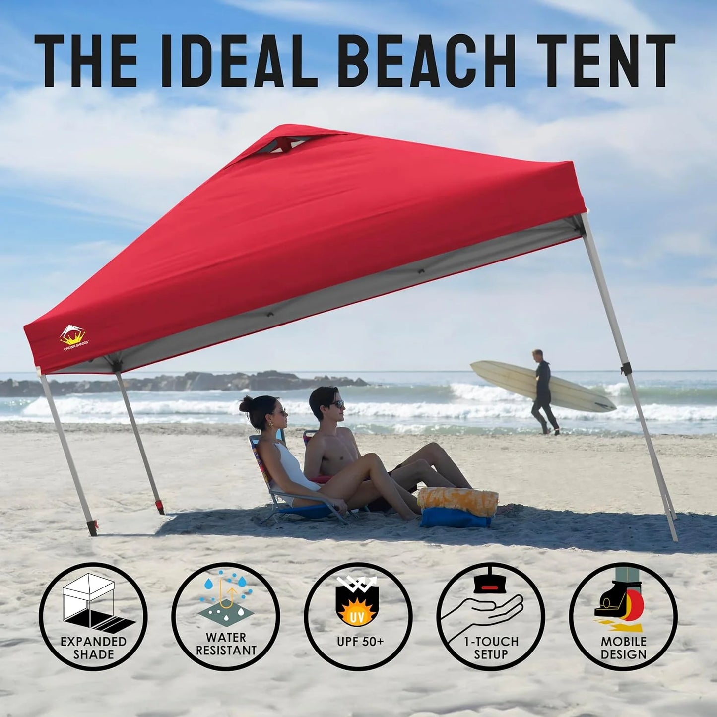 10x10 Pop-Up Awning - One-Click Installation Beach Tent - Outdoor Sunshade Silver Coated Top, 3 Heights and 4 Sand Pockets