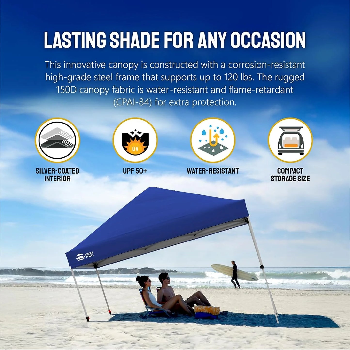 10x10 Pop-Up Awning - One-Click Installation Beach Tent - Outdoor Sunshade Silver Coated Top, 3 Heights and 4 Sand Pockets