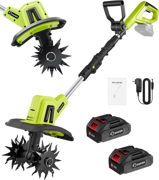 Saker 22V Cordless Electric Garden Tiller Cultivator, Lightweight Rototiller for Gardening, 9-Inch Tilling Width, 6.3-Inch Depth for Soil Preparation, Weeding, and Gardening 2 Batteries SK-TC18B