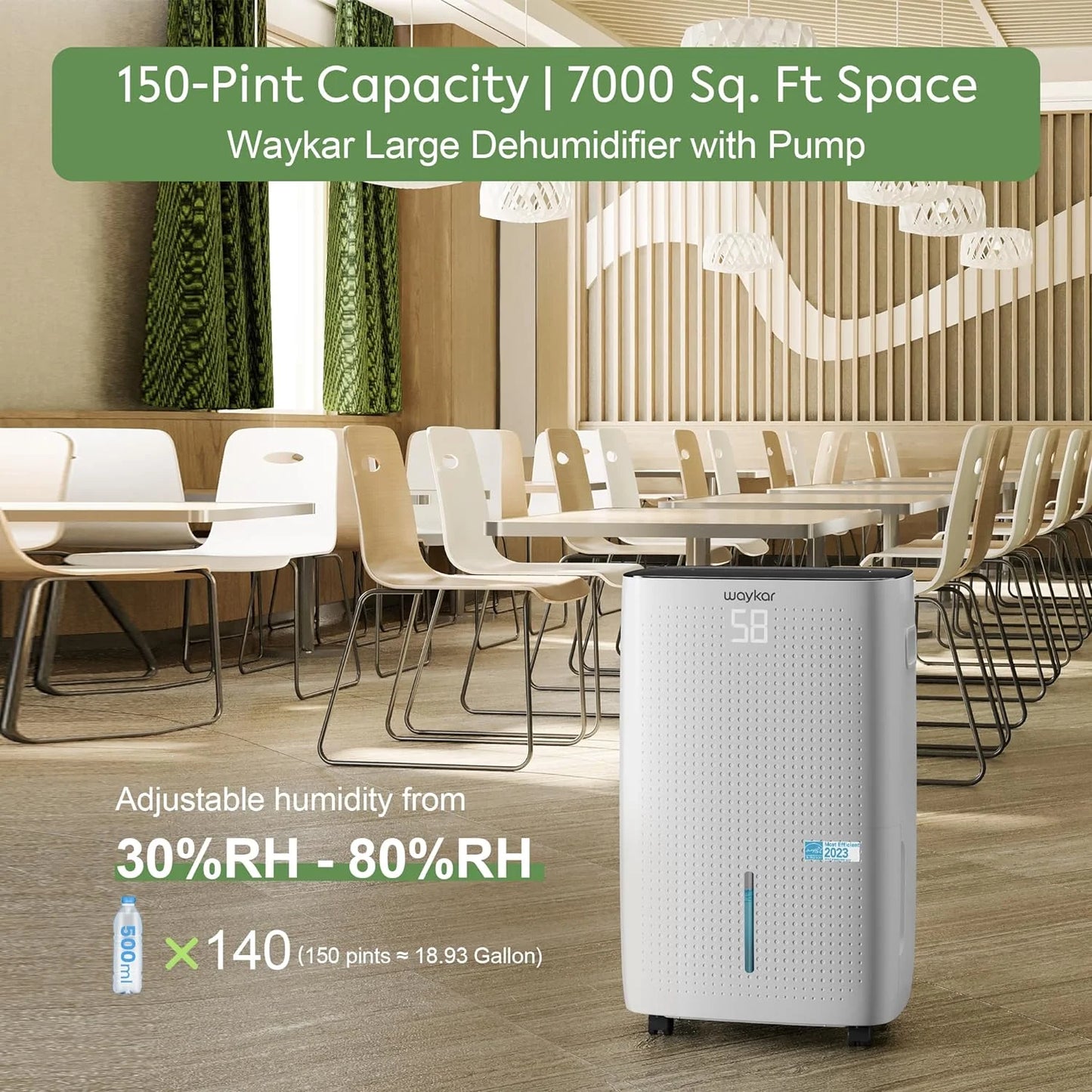 Waykar 2000 Sq. Ft Dehumidifier for Home and Basements, with Auto or Manual Drainage, 0.66 Gallon Water Tank Capacity