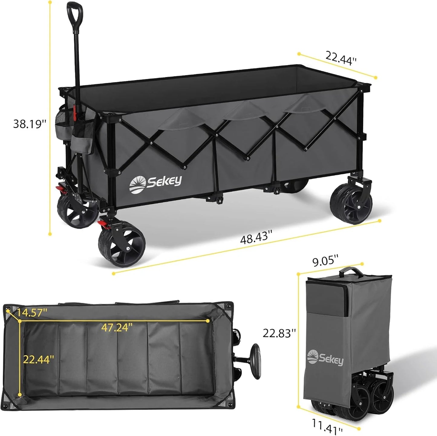 Sekey 48 Inch Long Foldable Extended Travel Cart, 440 Lbs Load Capacity, Heavy Duty 300 Liter Folding Multi-Purpose Garden Cart