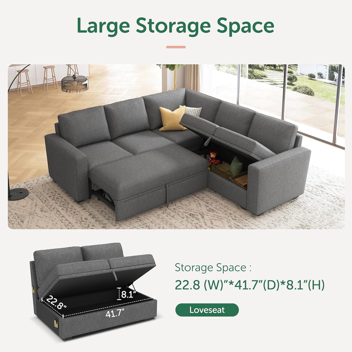 HONBAY Modular Sectional Sleeper Sofa with Pull Out Bed, L Shaped Couch with Storage Seat, Convertible Sectional Couches for Living Room