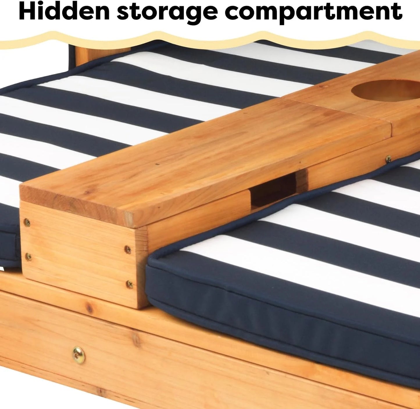 KidKraft Wooden Outdoor Double Chaise Lounge with Cup Holders, Kid's Patio Furniture, Honey with Navy and White Striped Fabric, Gift for Ages 3-8