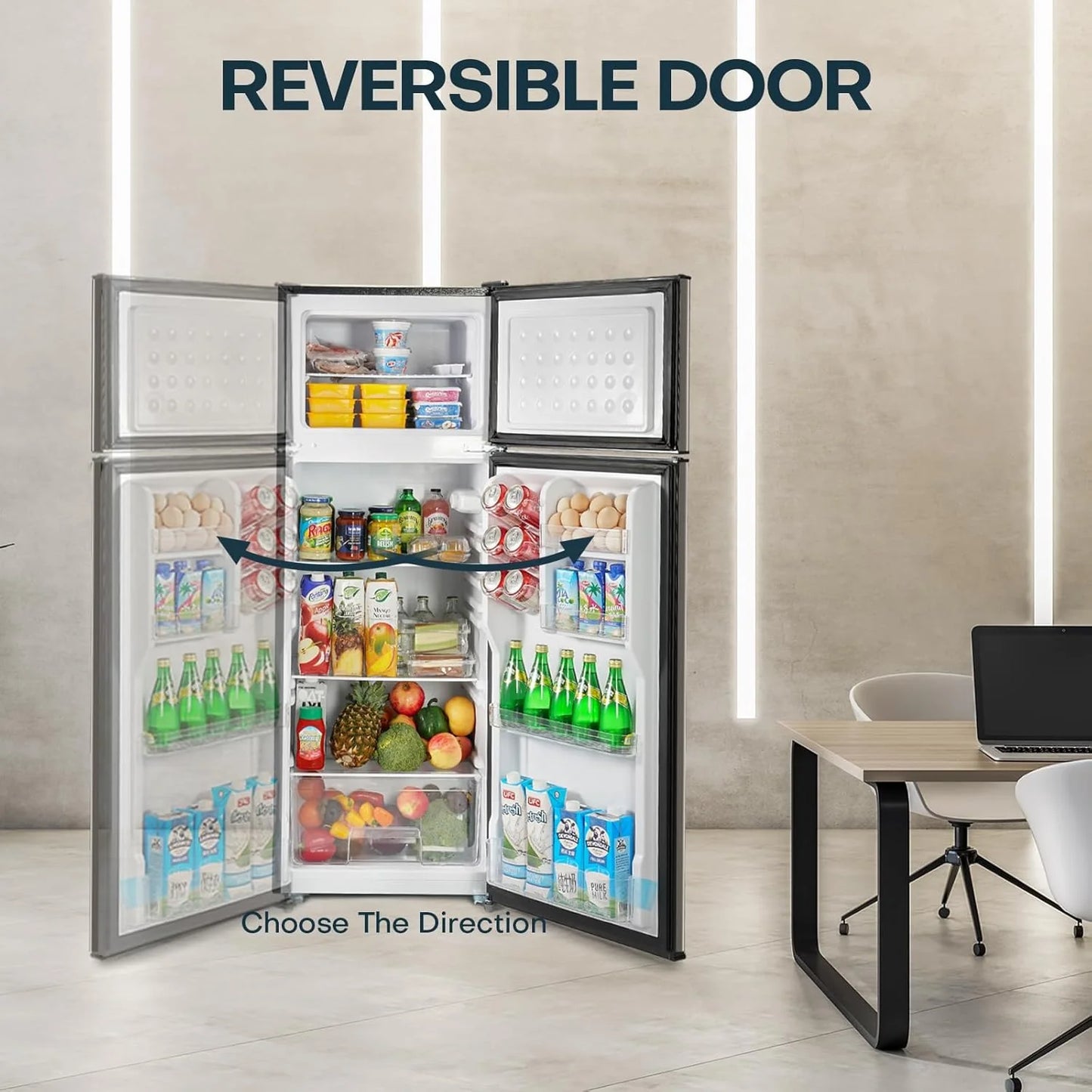 Upstreman 7.7 Cu.Ft. Refrigerator with Freezer, Double Door, Adjustable Thermostat, Large Capacity, Reversible Door Swing, Refrigerator for Apartment, Office, Dorm, Stainless (BD75)