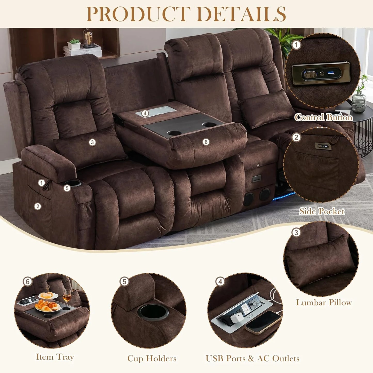 TUNYI Power Loveseat Recliner Sofa with Massage & Heat Home Theater Seating with Console Electric Recliner RV Sofa with USB/Outlet/Storage/Side Pocket/LED Light/Speaker (Brown, Loveseat)