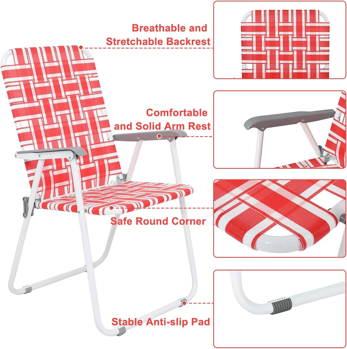 VINGLI Patio Lawn Webbed Folding Chairs Set of 2, Outdoor Beach Portable Lawn Chair Camping Chair Beach Chair