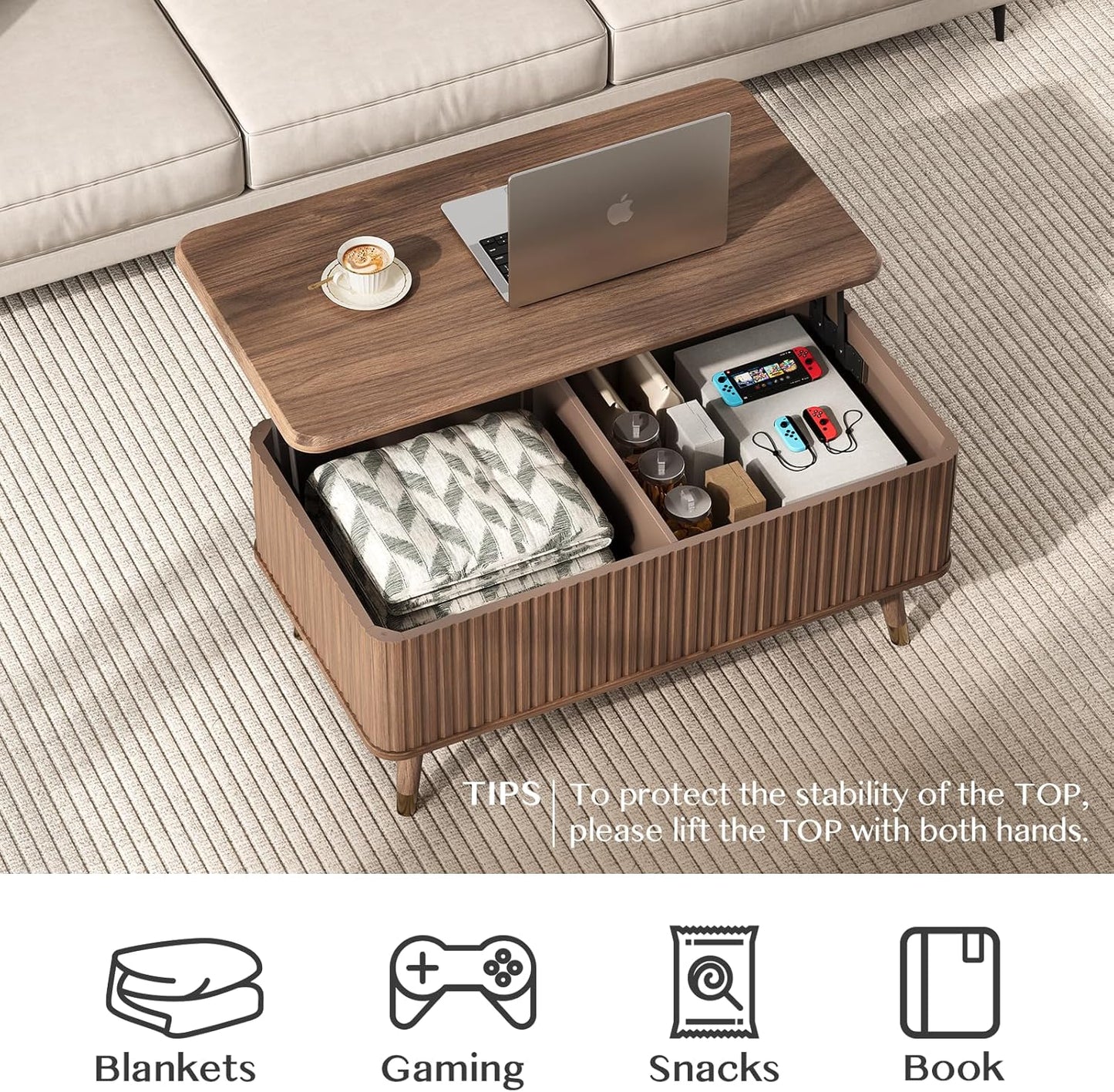 Round Coffee Table with Storage,Fluted Center Table with Sliding Cabinet Door for Living Room,Home Small Space,31.5" Small Center Table,Walnut