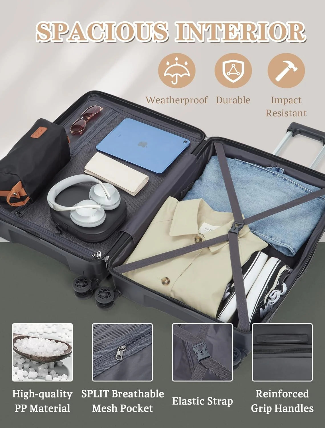 5-piece luggage set with wheels, ABS hardshell suitcase with spinner wheels