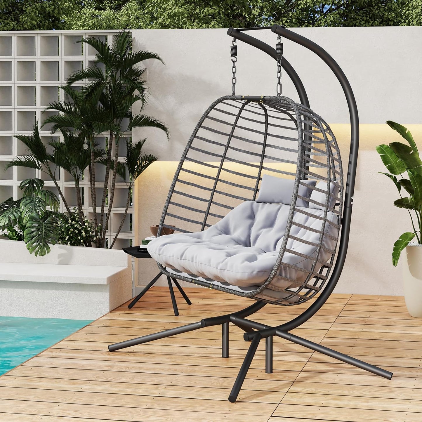 HWB Hanging Egg Chair with Stand, Patio Wicker Hammock Egg Swing Chair with Cushion for Bedroom Garden Indoor Outdoor (Beige)