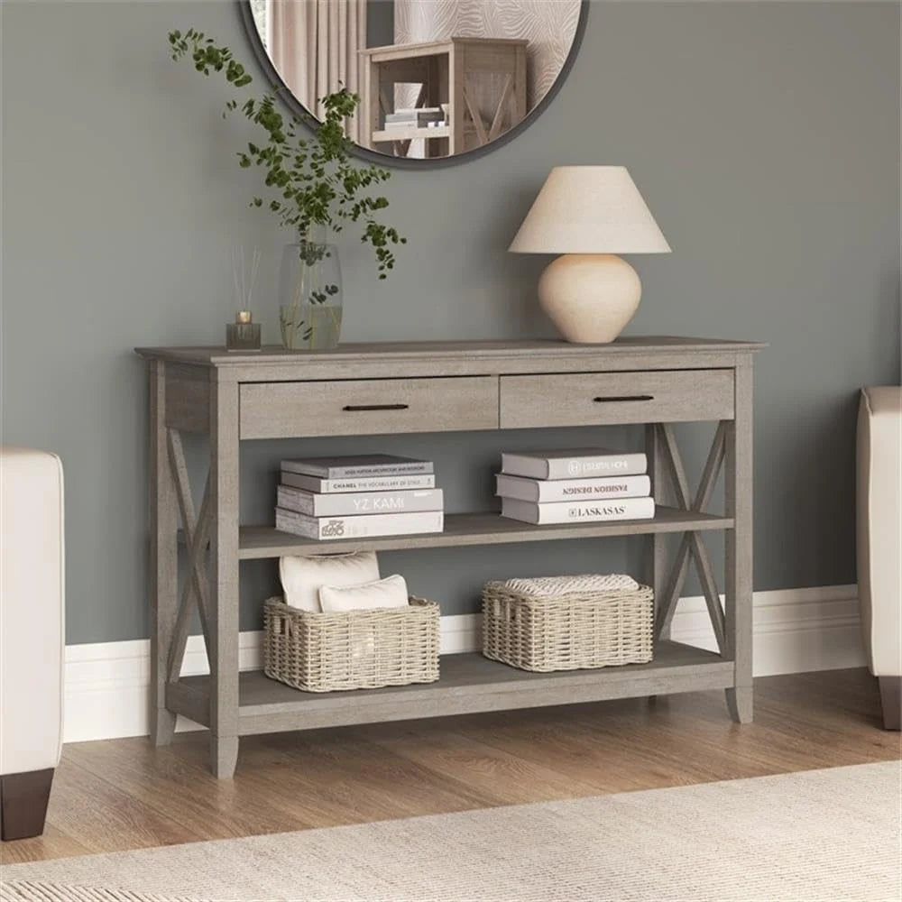 Key West Console Table with Drawers and Shelves in Linen White Oak