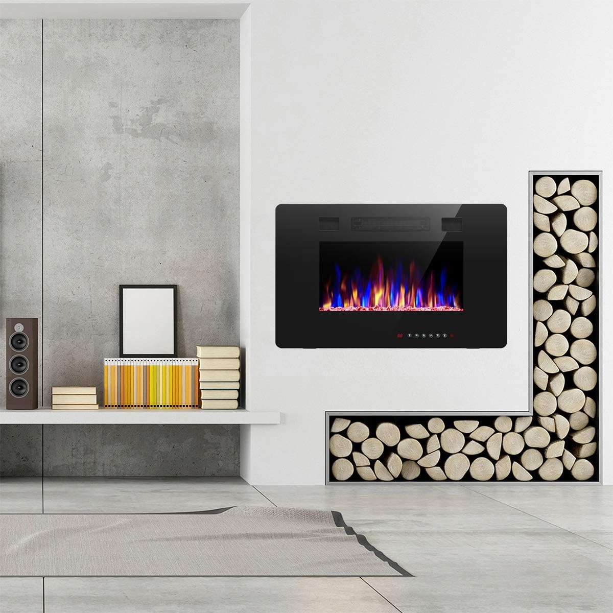R.W.FLAME 60" Recessed and Wall Mounted Electric Fireplace, Low Noise, Fit for 2 x 6 Stud, Remote Control with Timer, Touch Screen, Adjustable Flame Color and Speed, 750-1500W