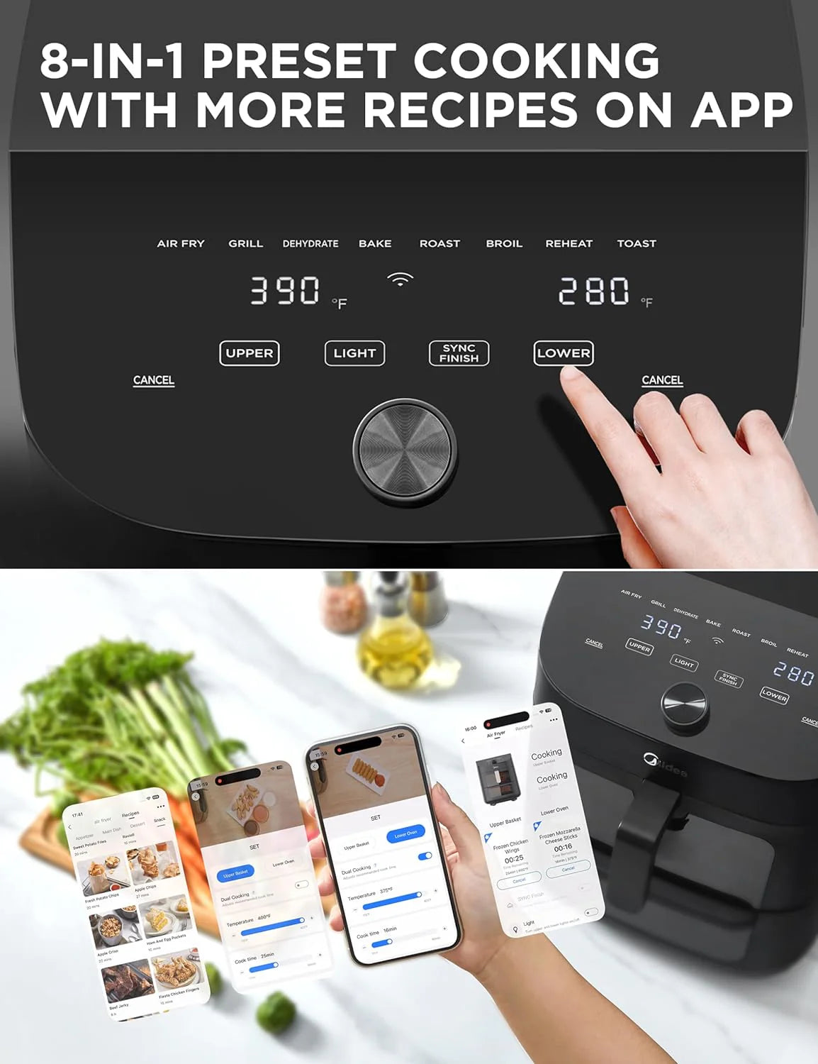 Dual Basket Air Fryer Oven 11 Quart 8 in 1 Functions, Clear Window, Smart Sync Finish, Works with Alexa, Wi-Fi Connectivity, 50+ App Recipes for family meals, Bake, Roast, Grill, Broil, Toast