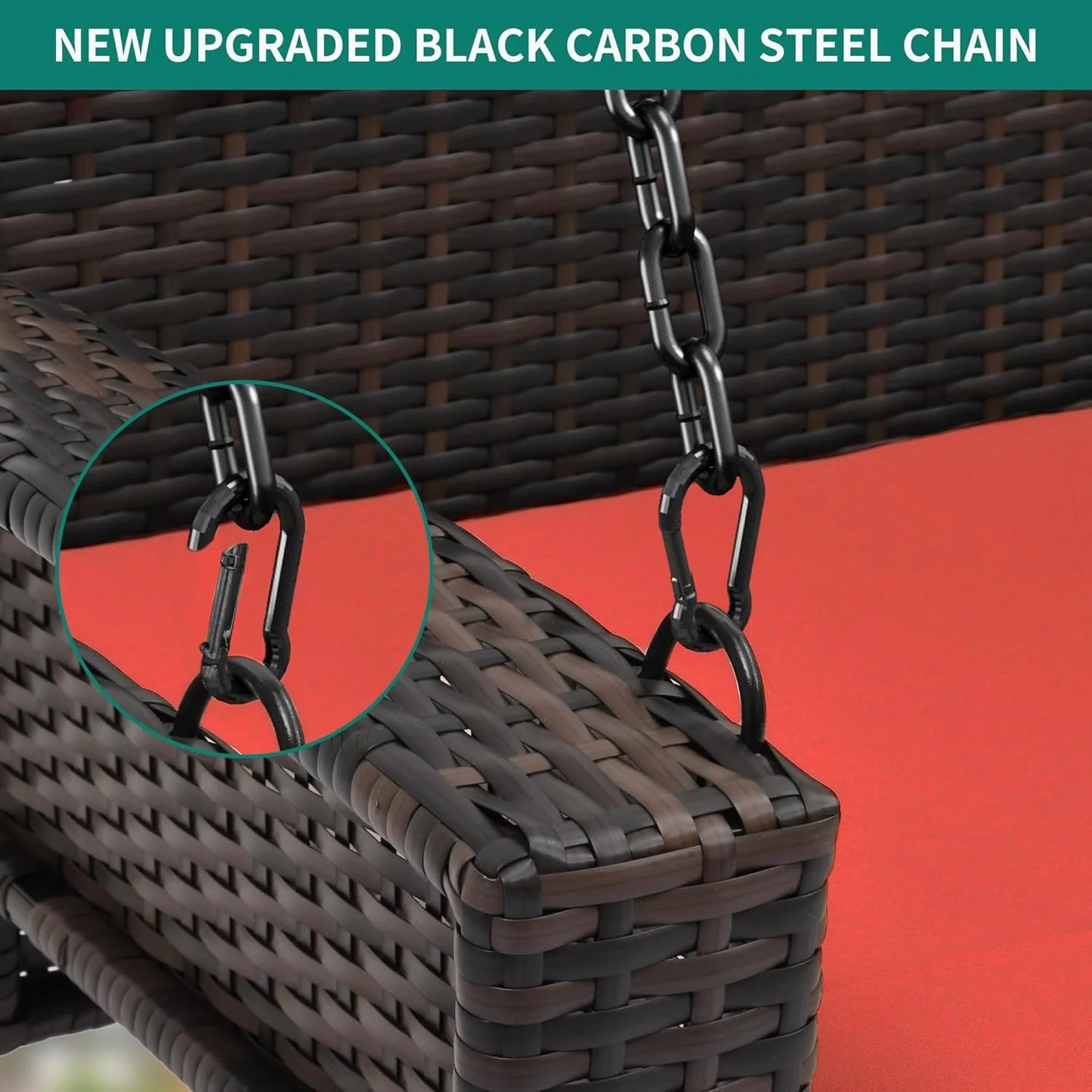 YITAHOME Hanging Porch Swing Chair Sits 3 People, Wicker Outdoor Swing Bench, Patio Lounge Chair, 1 Seating Cushion and 3 Back Cushions, w/Removable Covers, for Garden, Balcony, Backyard, Brown