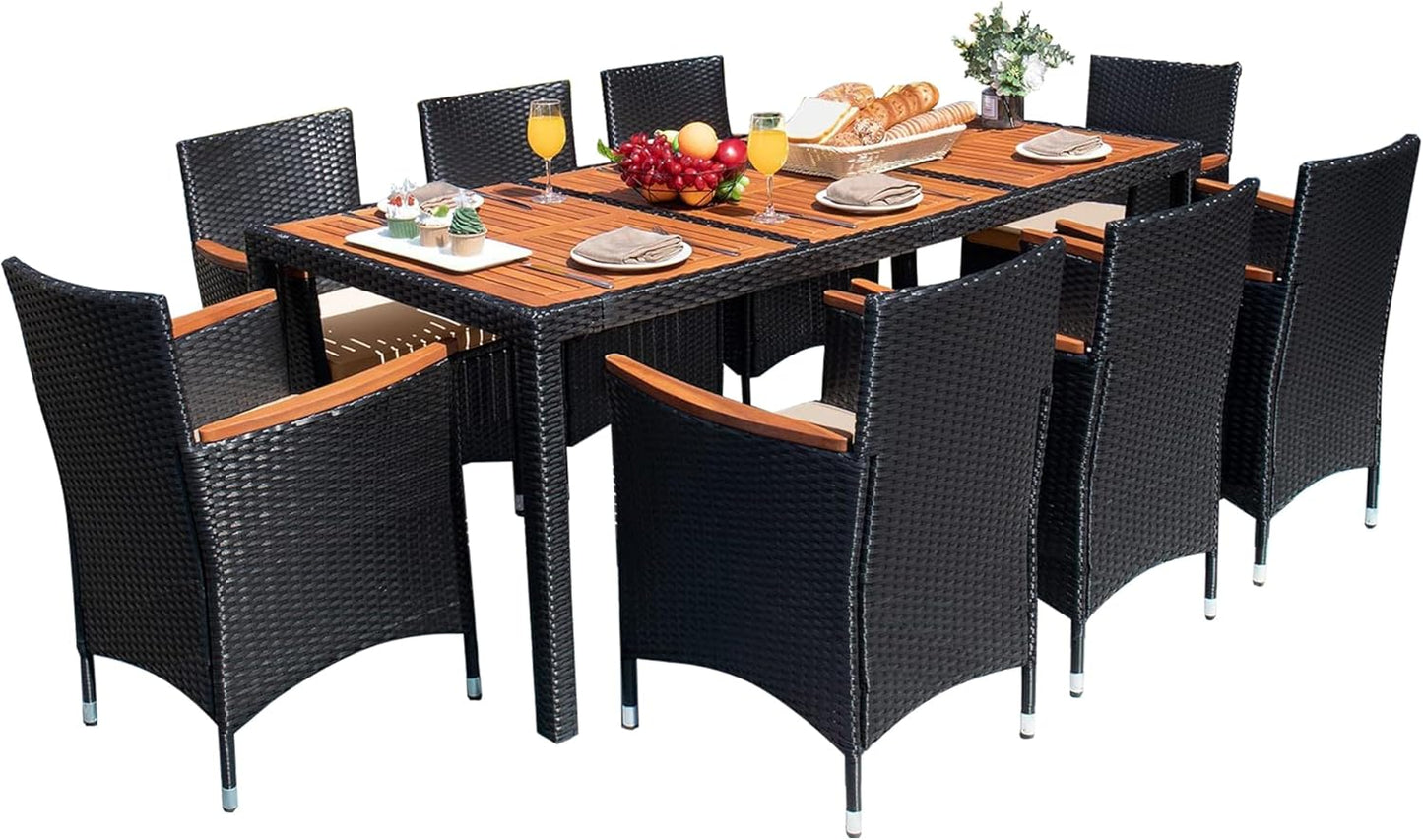 Devoko Dining 7 PCS Furniture, Patio Conversation Set with Acacia Wood Table Top, Rattan Outdoor, Black