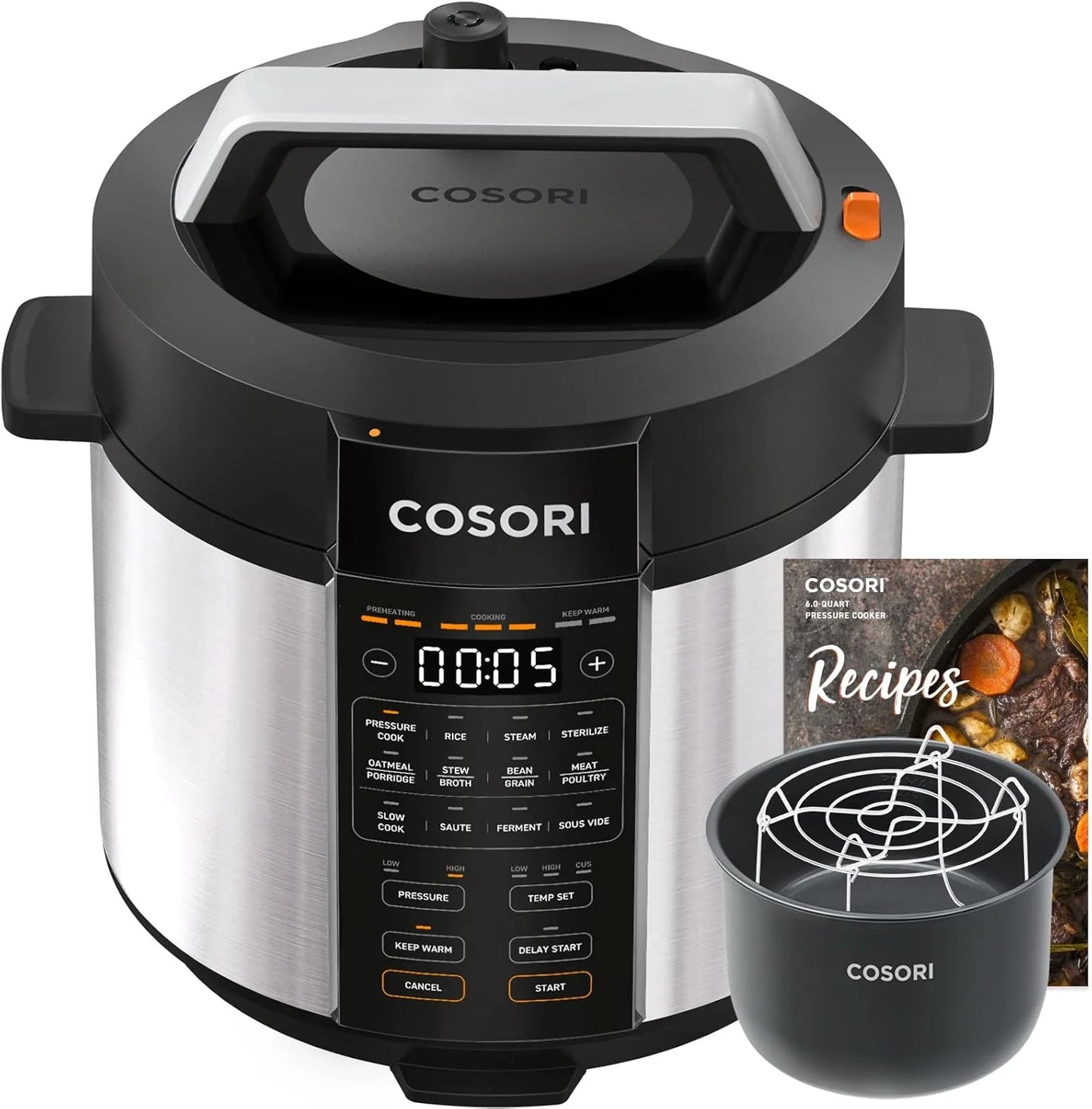 COSORI Pressure Cooker 6 qt, 9-in-1 Instant Multi Kitchen Appliances, Safer Venting Design, Rice Cooker, Slow Cooking Pot, Sous Vide, Saute Pot, 1100W, Stainless Steel