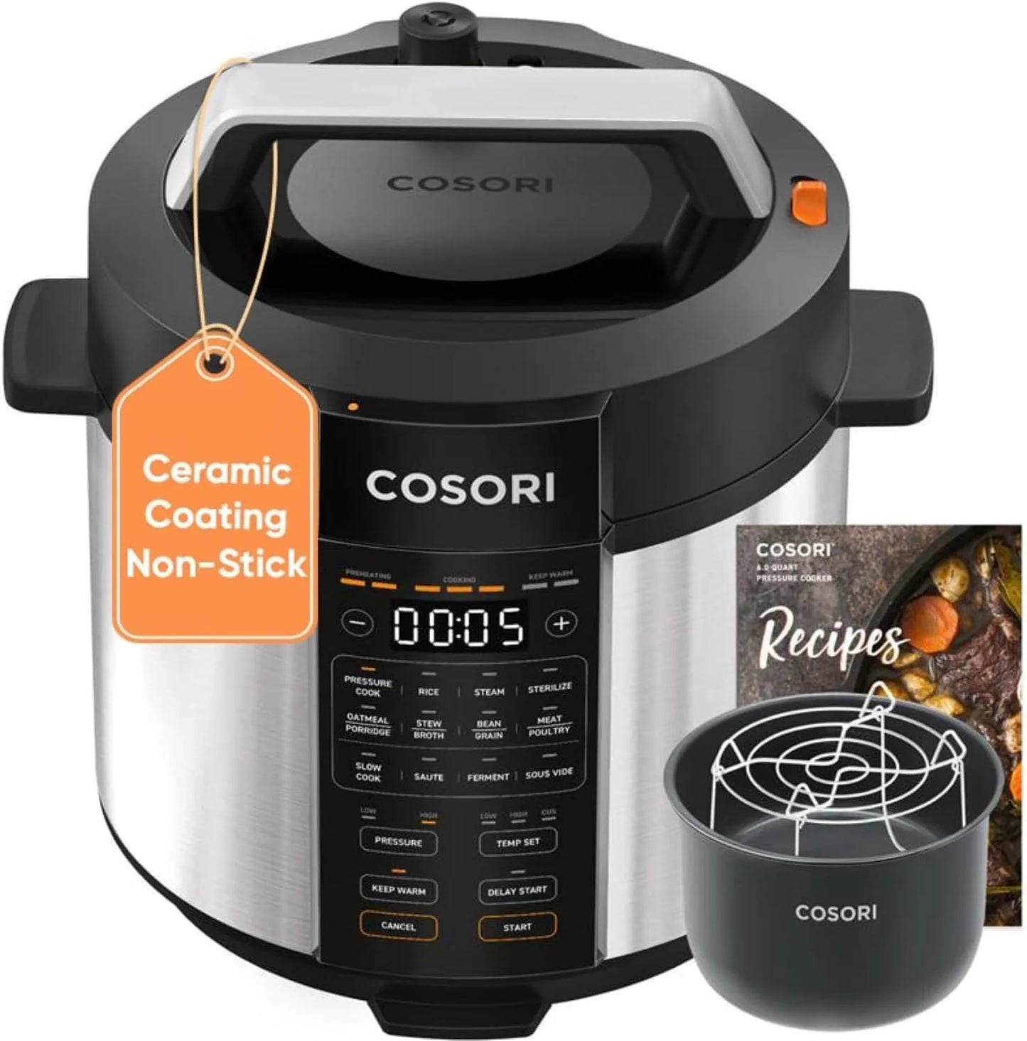 COSORI 6-Quart Stainless Steel Pressure Cooker Multi-Function Cooker with Ceramic Inner Pot for Rice, Slow Cooking, Sous Vide, and Stir-frying