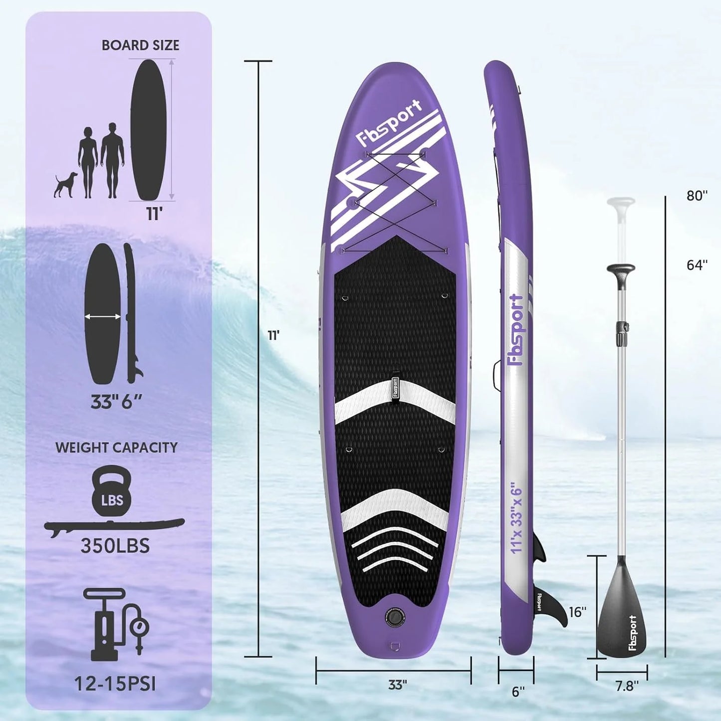 FBSPORT 11' Premium Stand Up Paddle Board, Yoga Board with Durable SUP Accessories & Carry Bag | Wide Stance, Surf Control, Non-Slip Deck, Leash, Paddle and Pump for Youth & Adult