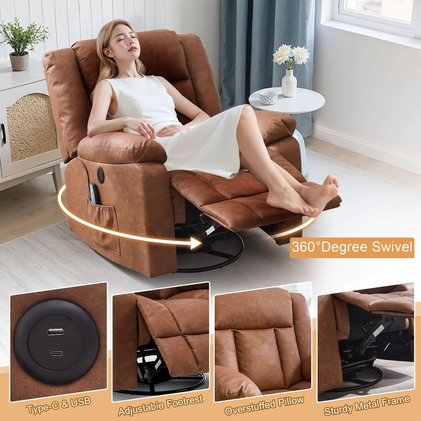 Adult rocking chair, gliding recliner, 360° rotating rocking chair with massage and heating function