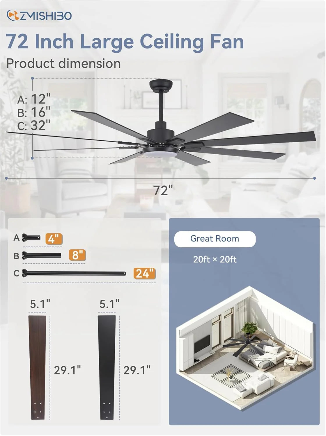 Zmishibo 72-inch large ceiling fan with lighting and remote indoor/outdoor