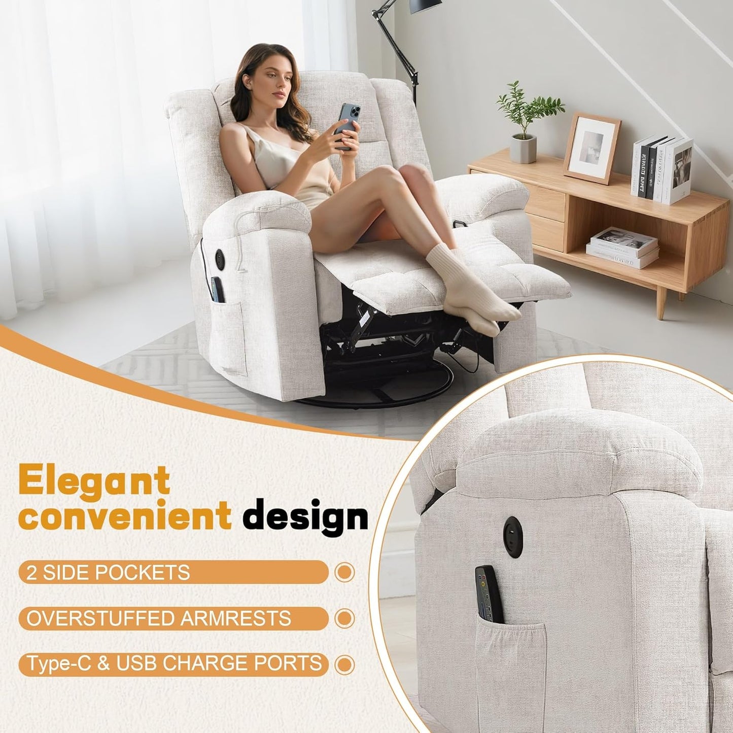 Adult rocking chair, gliding recliner, 360° rotating rocking chair with massage and heating function
