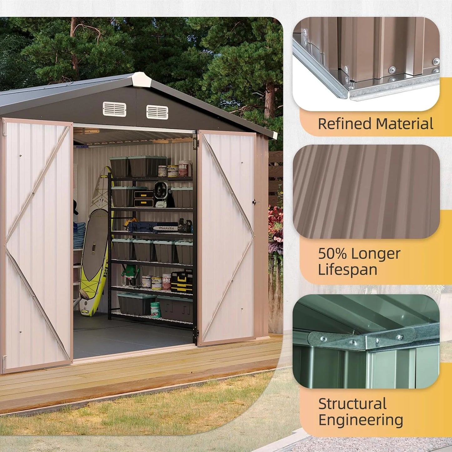 Aoxun 7.4x5.3FT Shed with Floor Galvanized Steel Outdoor Storage Shed Metal Garden Shed with Double Doors, 15mm Moisture-Proof Floor & Ventilation, Sloped Roof for Bike/Generator/Tool Storage (Brown)