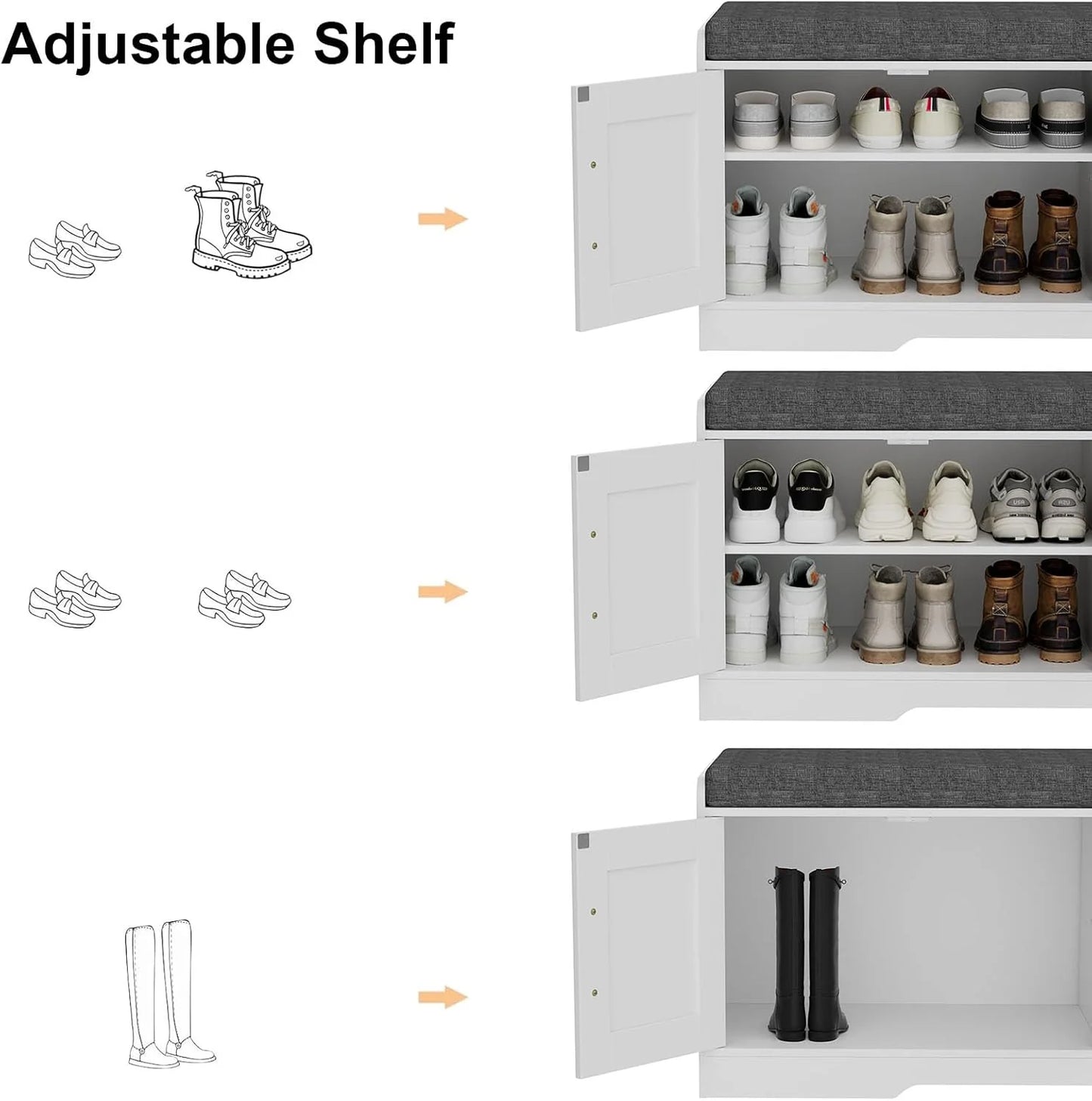2-Tier Storage Bench, Shoe Bench with Thickened Padded Seat Cushion, Entryway Bench with 4 Doors, Adjustable Shelf