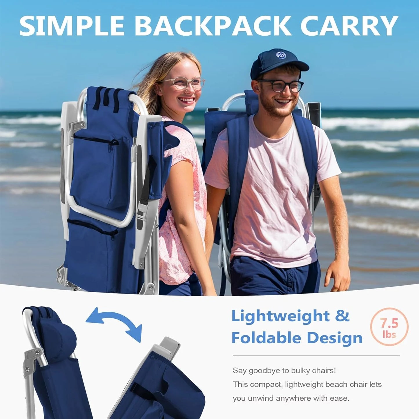 5-Position Aluminum Lay Flat Tall Backpack Beach Chairs 2 Pack Compact Portable Beach Chairs for Adults with Cooler Pouch, Storage Pouch, Towel Bar, Cup Holder & Phone Holder, Blue Stripe