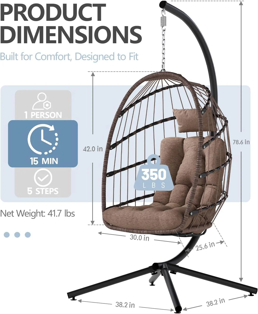 SWITTE Egg Chair Outdoor with Stand, Indoor Wicker Hanging Egg Swing Chair with Cushion, 350lbs Capacity for Patio, Bedroom
