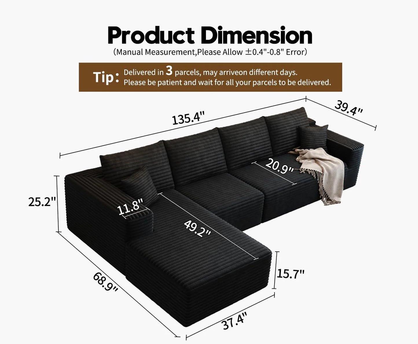107.5 inch Cloud Modular Sectional Sofa with L-Shaped Chaise Lounge, Modern Minimalist Upholstered Sofa Deep Seating Corner Sofa