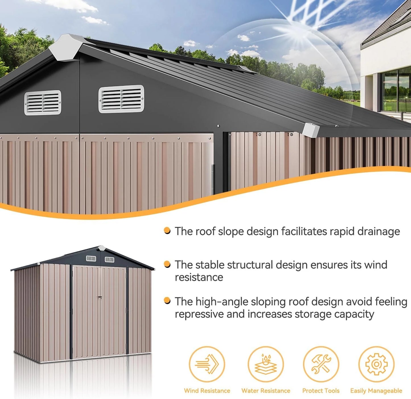 Aoxun 6.2x4 FT Shed Outdoor Storage Shed Metal Garden Shed with Lockable Doors & Slooping Roof Tool Shed Bike Shed for Backyard, Patio, Poolside (Brown)