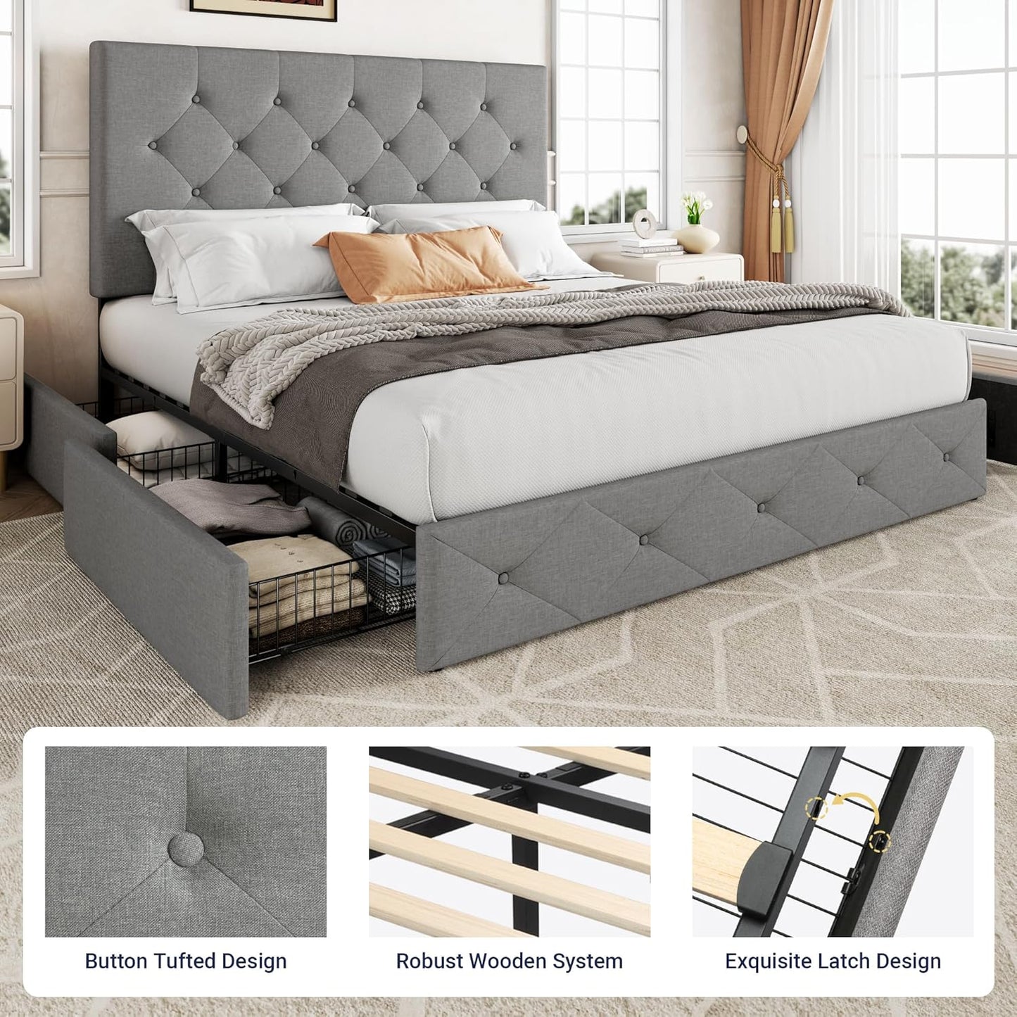 Allewie Upholstered Queen Size Platform Bed Frame with 4 Storage Drawers and Headboard, Square Stitched Button Tufted, Mattress Foundation with Wooden Slats Support, No Box Spring Needed