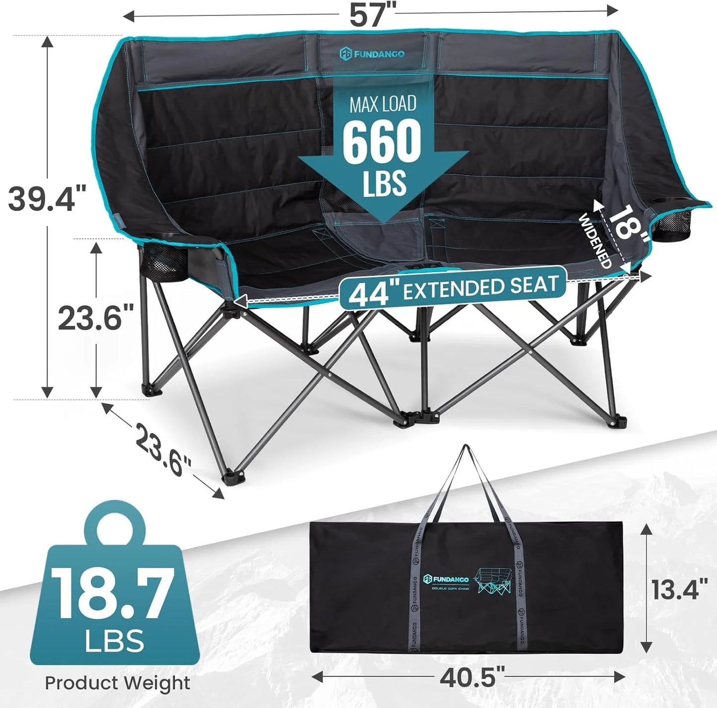 Double Camping Chair with Cooler 3-Person Folding Extra Large Camping Chair with 1000-Pound Load Capacity